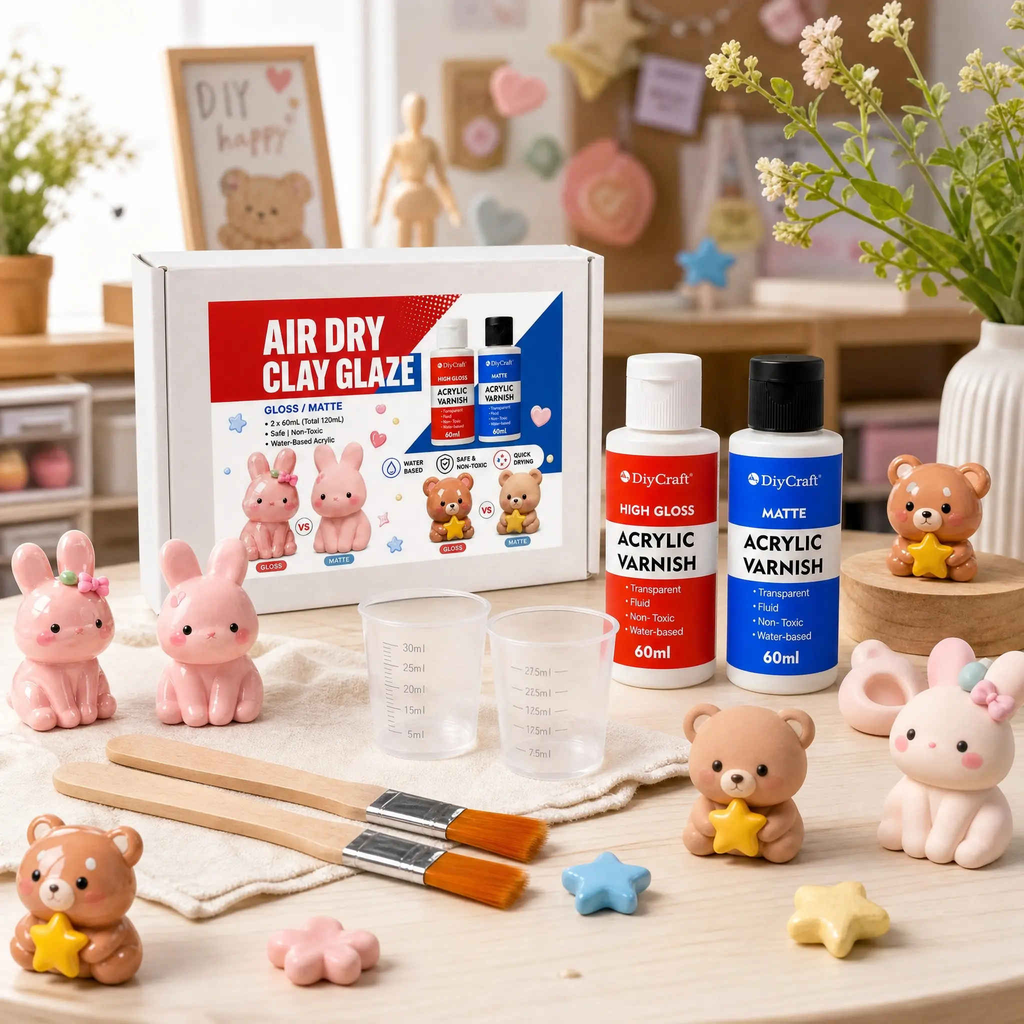 Water-Based Acrylic Varnish Kit, Glaze, High Gloss & Matte Finish Sealant for Air Dry Clay, Oil Painting, Art Crafts - Anti-Oxidation, Non-Toxic, with Brushes & Measuring Cups