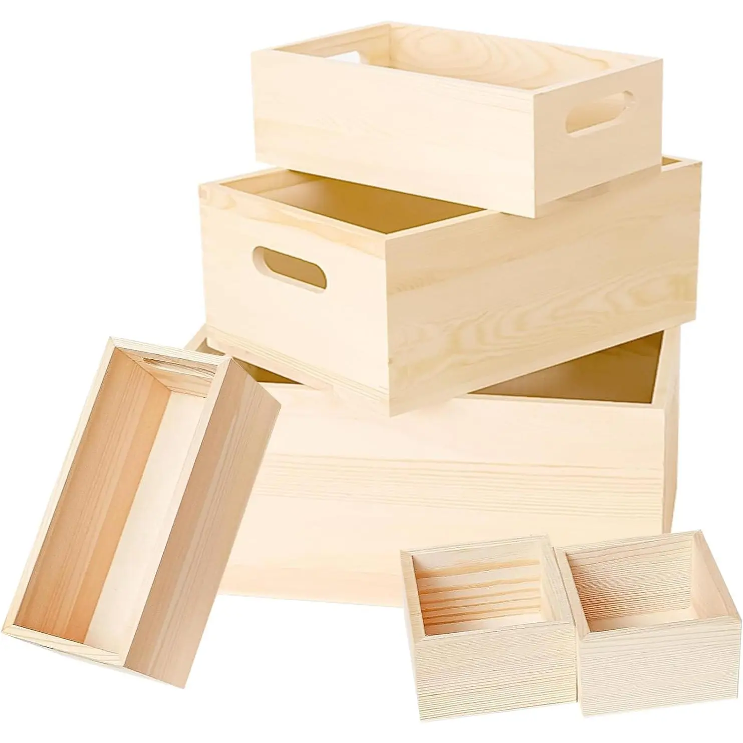 6 Packs Unfinished Wooden Box 5 Sizes  Handles  Boxes Storage Organizer Container Craft Box Nesting Treasure  Crate for Crafts,Decoration, Storage,Organizer