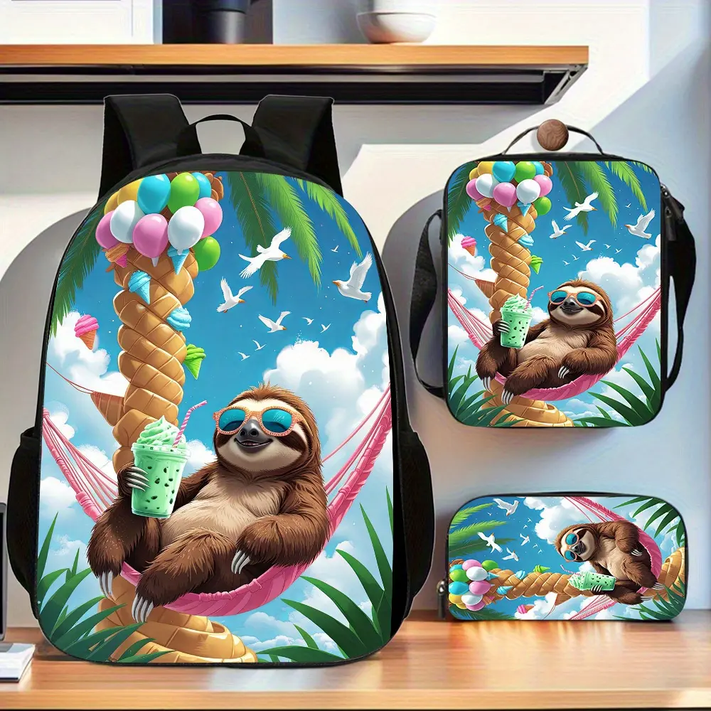Kids 3-Piece Backpack Set with Cute Tropical Sloth Print, Water Resistant Synthetic School Bag for 15" Laptop with Insulated Lunch Box & Pencil Case for Daily Use, Zipper, Holiday, Character-Themed Backpacks