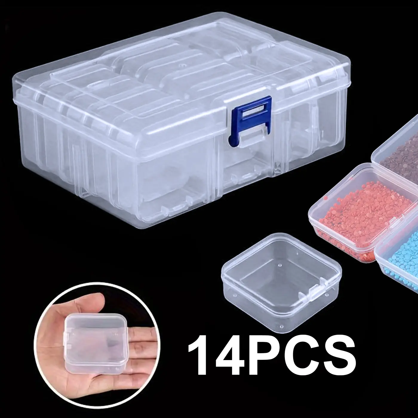 14 Pack Small Plastic Containers, Clear, Large Plastic Box Included, Small Bead Organizer, Portable & Hangable, Ideal for Beads, Jewelry, Meds, Compartment Box