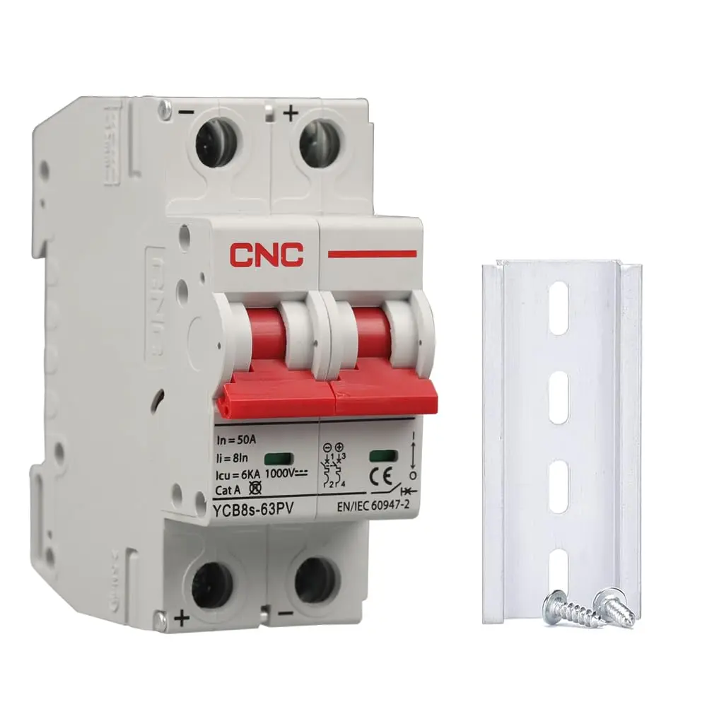 CNC DC Miniature Circuit Breaker, 2 Pole 1000V 50 Amp Isolator for Solar PV System, Thermal Magnetic Trip, DIN Rail Mount DC MCB Disconnect Switch (50 Amp)