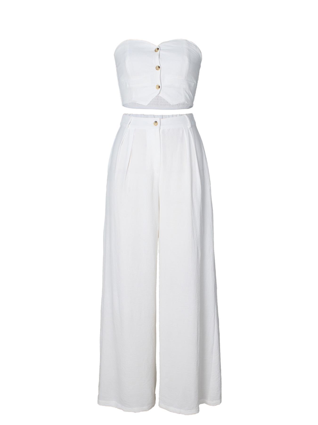 Women's Strapless Crop Top & Wide Leg Pants 2 Piece Set, Elegant Summer Vacation Outfit, High Waist Loose Palazzo Pants Matching Set, Fashion Going Out Party Lounge Two Piece Boutique Outfit