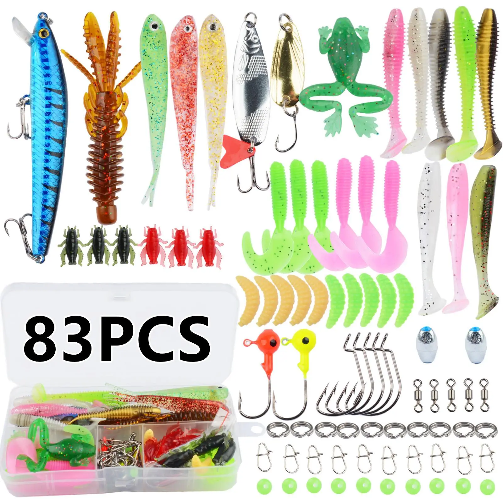 83Pcs Complete Fishing Tackle Kit - Soft Baits, Spoon Spinners, Frog Baits, Jig Heads for Bass, Trout, Pike Rotating Tail Topwater Lures Set