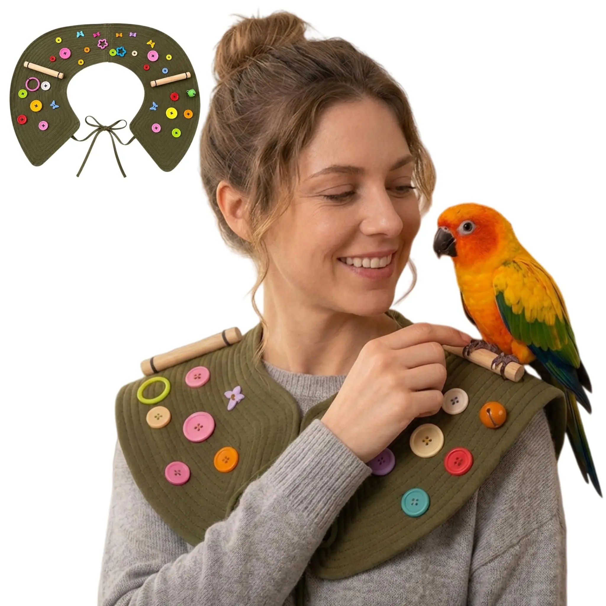 Parrot Interactive Training Shoulder Pad, Anti-Scratch Bite Protection, Colorful Button Puzzle Toy, Washable Stain Resistant, for Budgies, Macaws, Lovebirds
