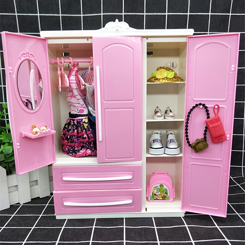 Pink European Style Mini Wardrobe with 2 Drawers and Hangers - Openable Dollhouse Storage Organizer, Durable Plastic, Fun Design, Decorative Storage