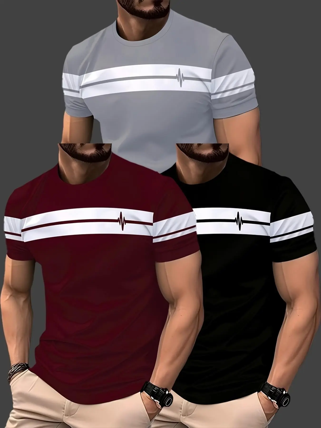 Men's 3-Pack Short Sleeve T-Shirts, Heartbeat Ecg Print, Casual Round Neck, Summer Wear, Daily, Fitness, Commute