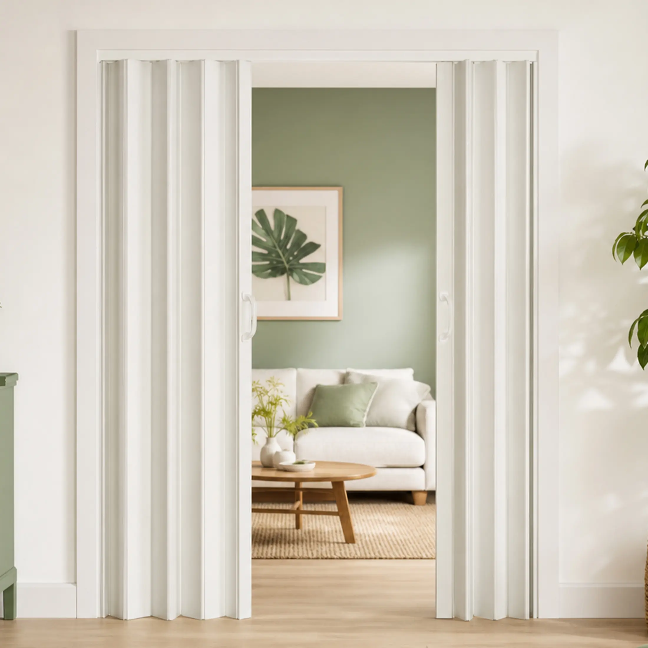 Nokaa 59x77 PVC Accordion Folding Door Double Opening Heavy Duty Room Divider with Quiet Rollers Dual Handles Waterproof Warp Resistant for Closet Bedroom Laundry White Color Options