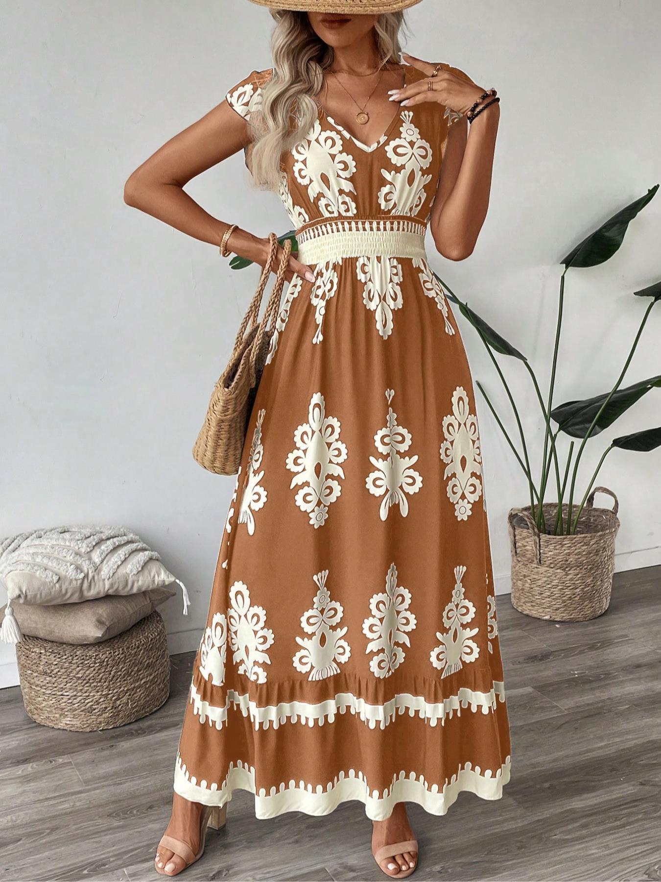 【Plus Size】 Ethnic Pattern V Neck Dress, Boho Cap Sleeve Long Dress for Beach Holiday Vacation, Women's Clothes for Summer, Bohemian Boho Fashion