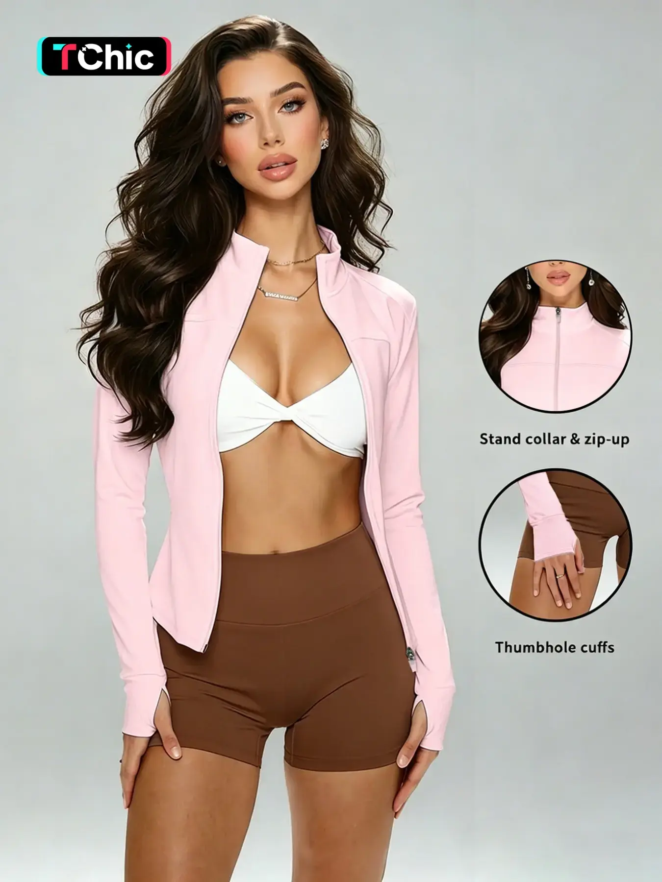Women's Sporty Tight-Fitting Jacket, Full Zip Stand Collar Thumb Loop Gym Outerwear, Soft Skin-Friendly Fabric Yoga Running Top