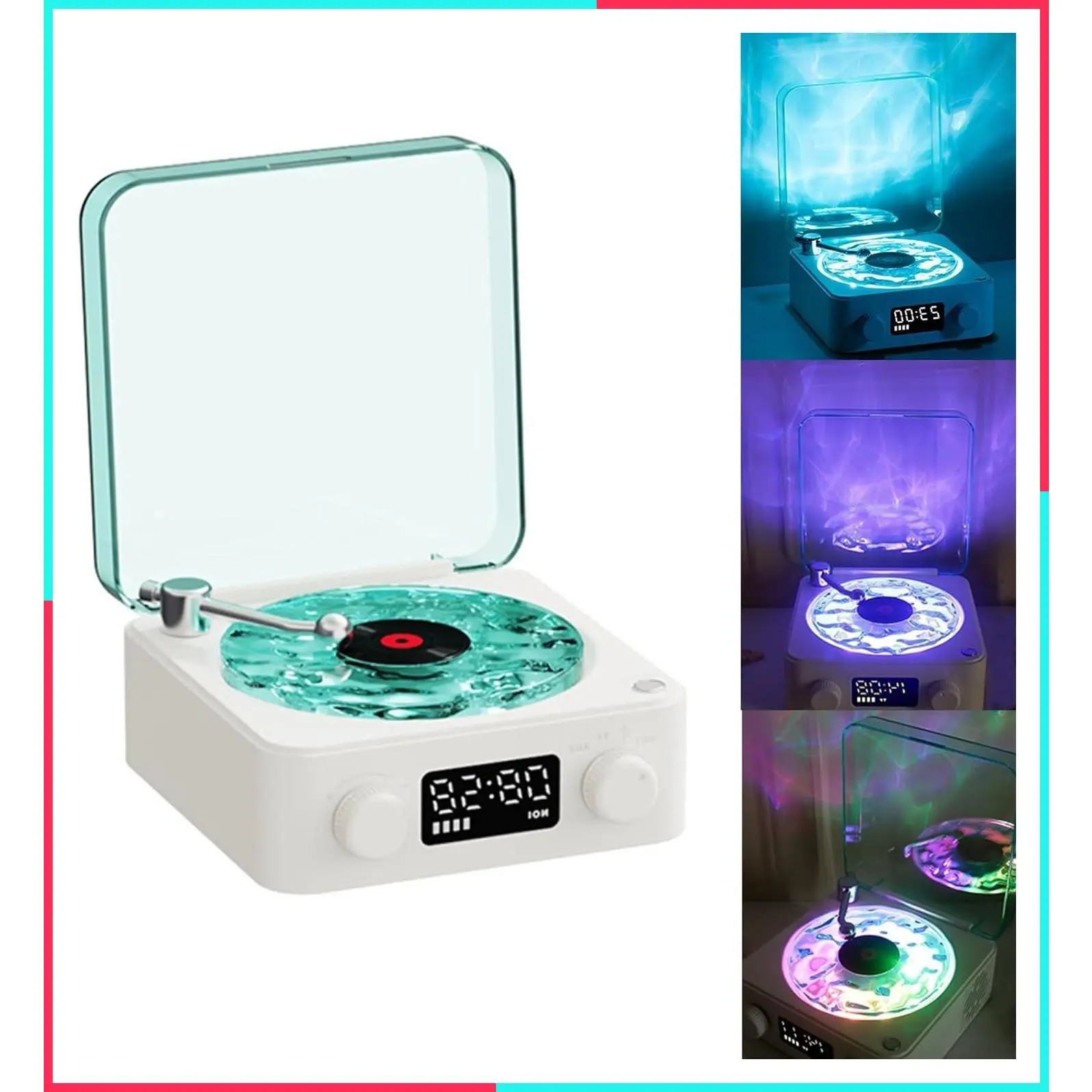 Bluetooth Vinyl Record Player with Portable Vintage Turntable Speaker, Adjustable Light and Time Display for Bedroom, Party, White