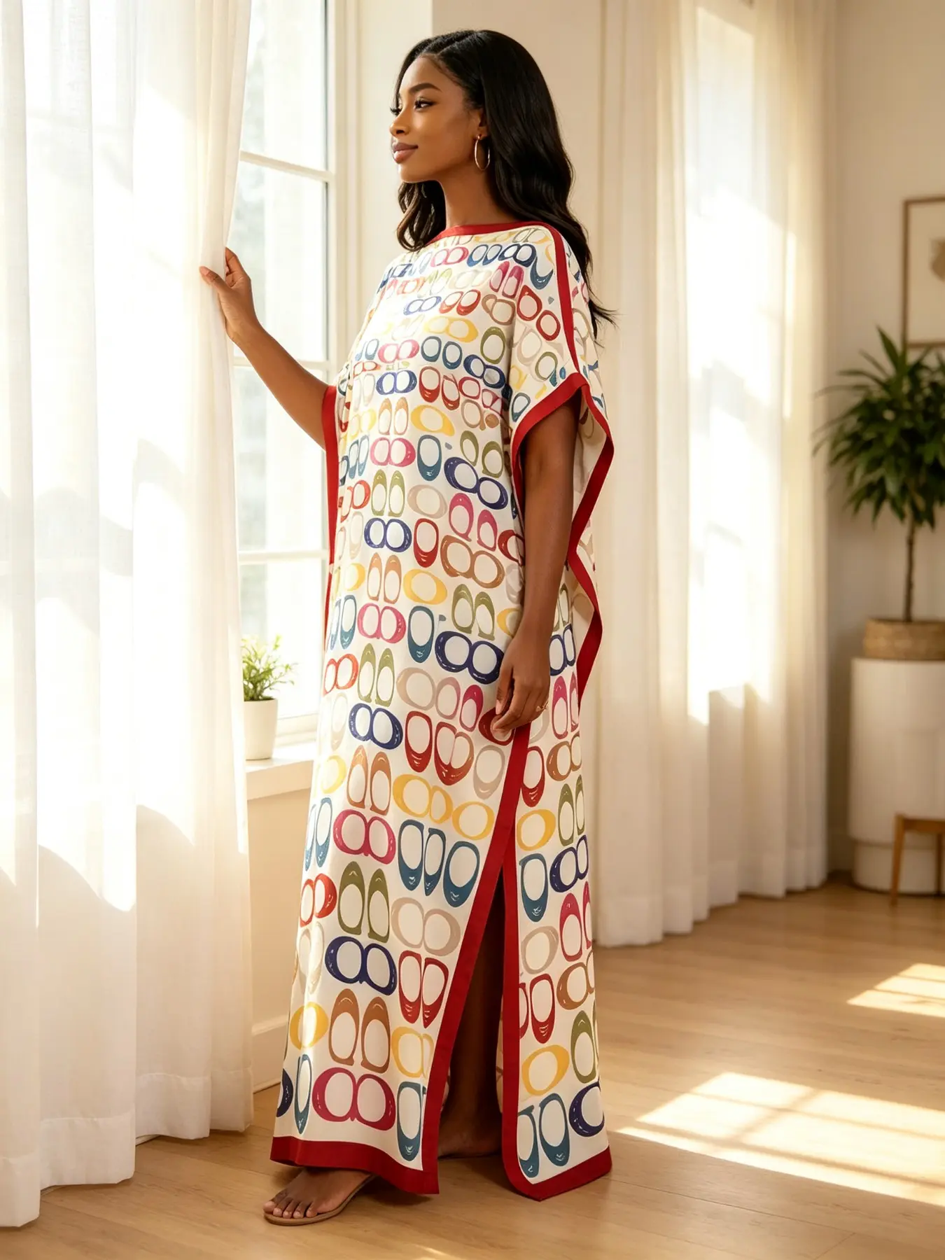 Plus Size Women's Two-Piece Satin Kaftan Dress Set, Light Peacock Feather Print Long Robe with Matching Headscarf, Loose Fit Home Wear
