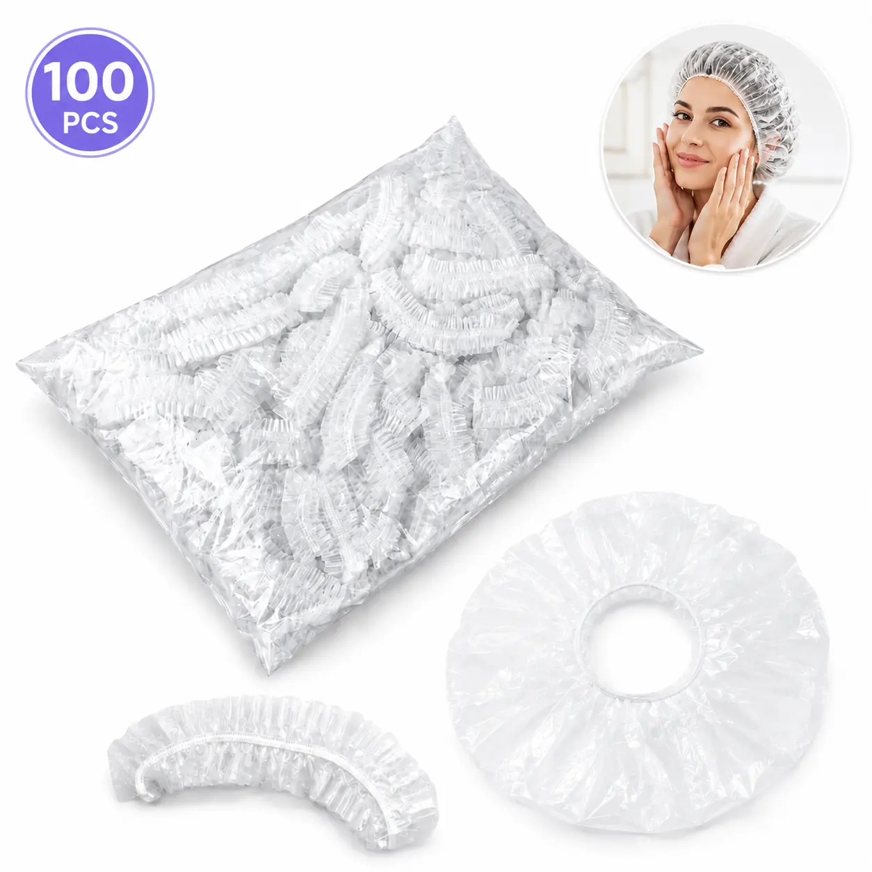 100PCS Disposable Shower Caps for Women, Waterproof Elastic Hair Caps, Clear Plastic Bath Caps for Shower, Spa, Salon, Travel & Home Cleaning