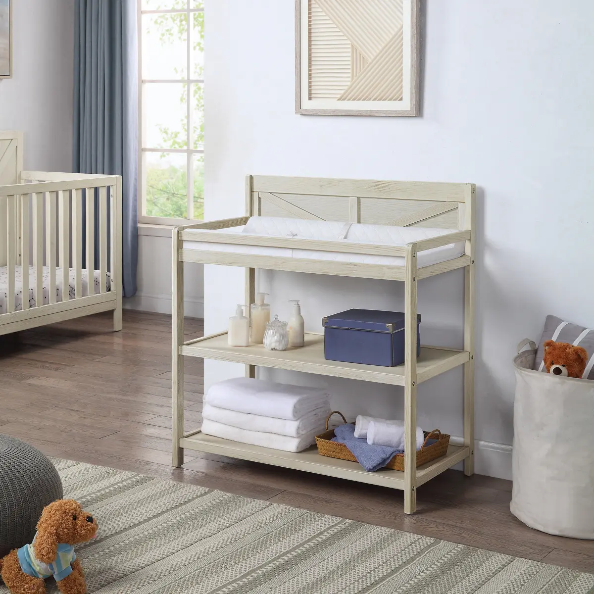 Barnside Washed Gray Baby Changing Table - Sturdy, Non-Toxic, JPMA Certified, CPSC & ASTM Certified, Safety Rails, 2 Open Shelves, Solid Construction, Baby Safety Is Our Priority