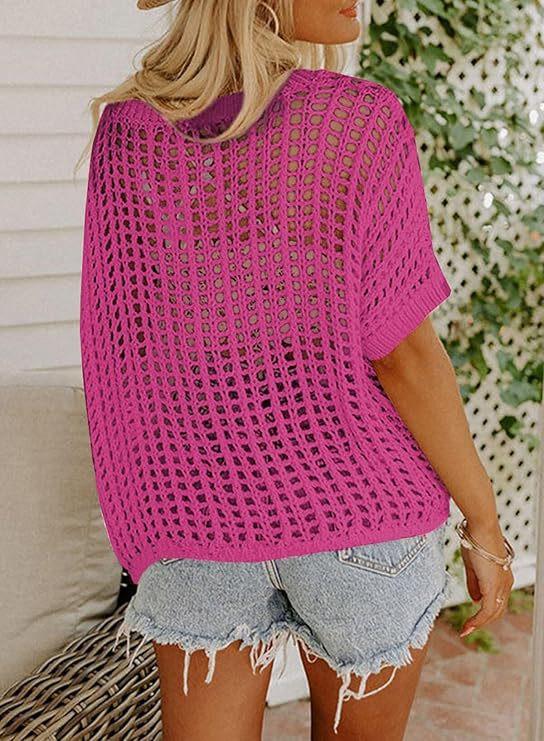 2026 summer five-quarter sleeve sexy hollow top pullover beach blouse knitted sweater women