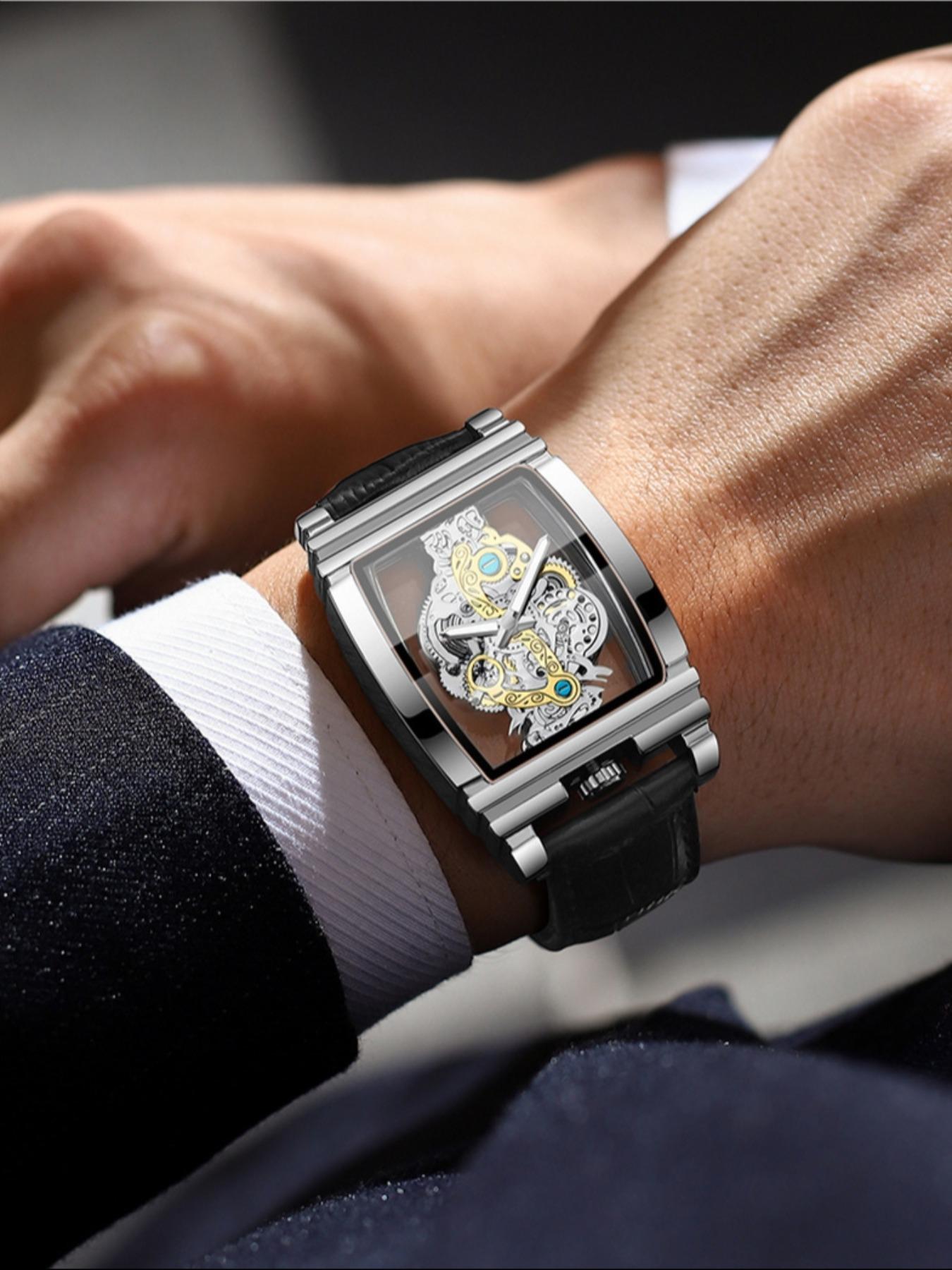 Men's Punk Fashion Barrel Shaped, Mechanical Style Skeleton Watches for Party, Daily Decor, Trendy All-match & Exquisite Watch for Birthday Gift with Box