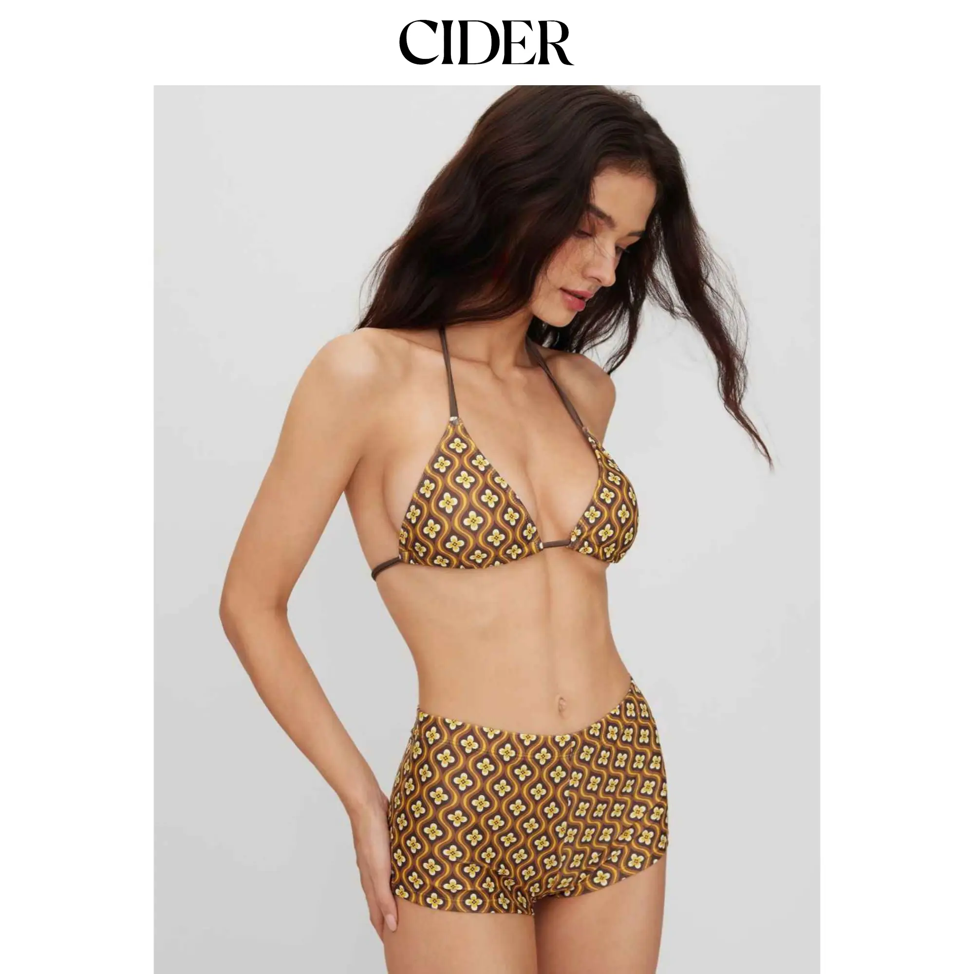 Cider Halter Neckline Geometric Floral Shorts Bikini Set Cider Halter Neckline Geometric Floral Shorts Bikini Set