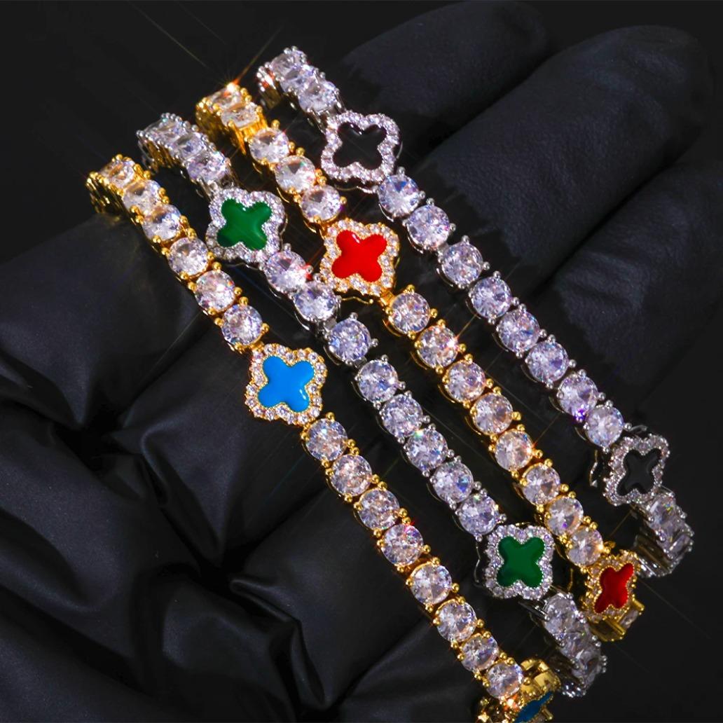 Women White Gold Plated Tennis Bracelet Iced Out CZ Chain Red Green Blue Black Clover Charm Hip Hop Jewelry