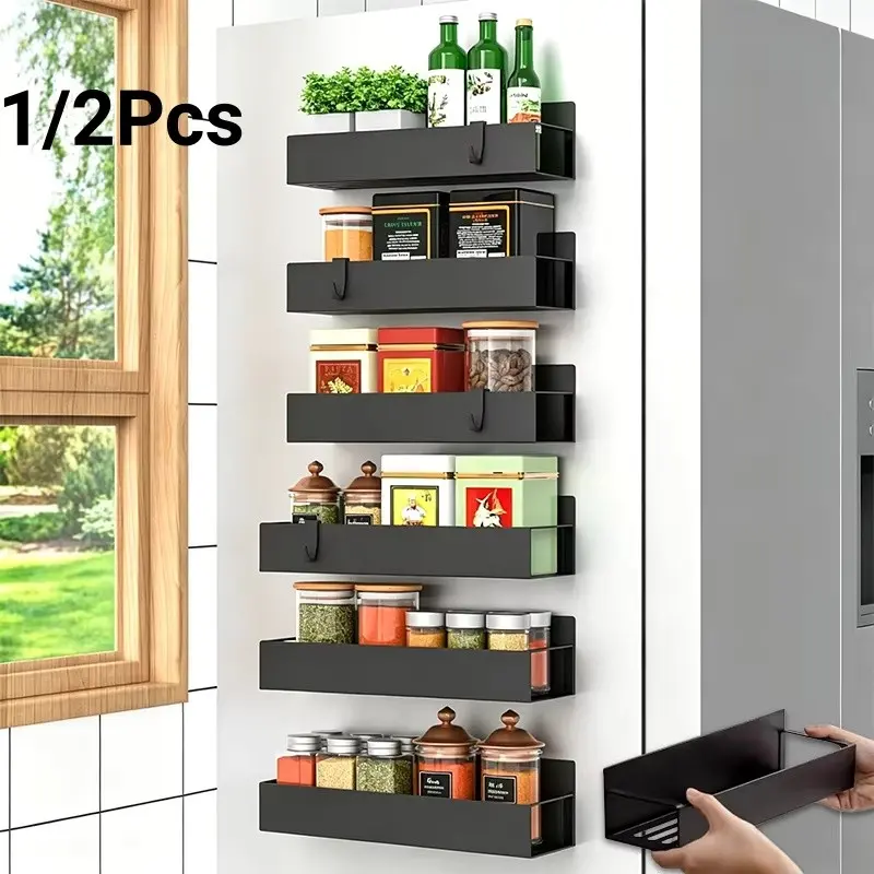 1/2Pcs Refrigerator Magnetic Spice Rack, Made of Carbon Steel, Allows for Layered Storage of Spice Bottles, Oil Containers, Snacks, Tea, Etc., Neatly Organizing and Freeing Up Countertop Space for Cooking