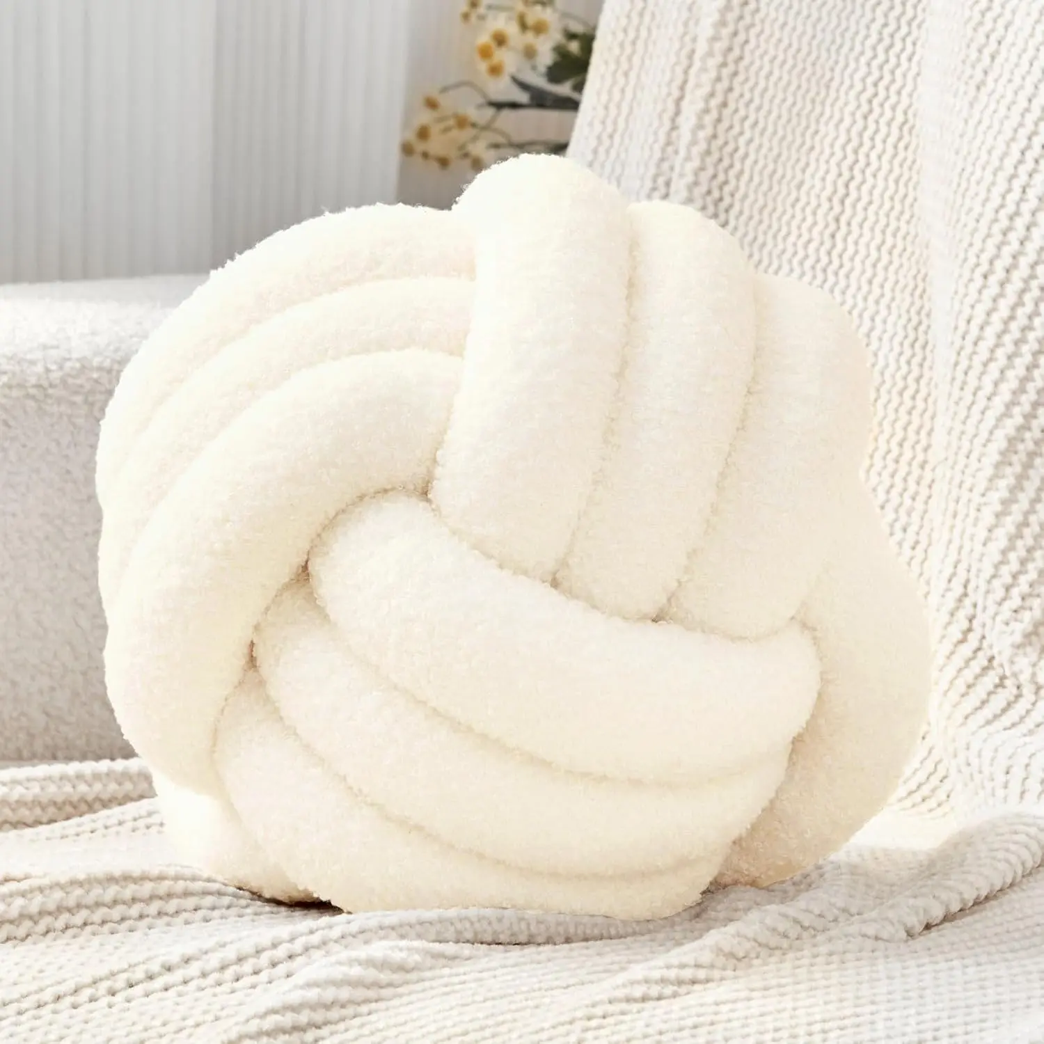 Ivory White Knot Pillow Ball, 8 Inch Round Decorative Throw Pillow |   Lambswool,,, Machine Washable, Throw Pillow for Couch, Bed, Chair, Bedroom and Living Room Decor