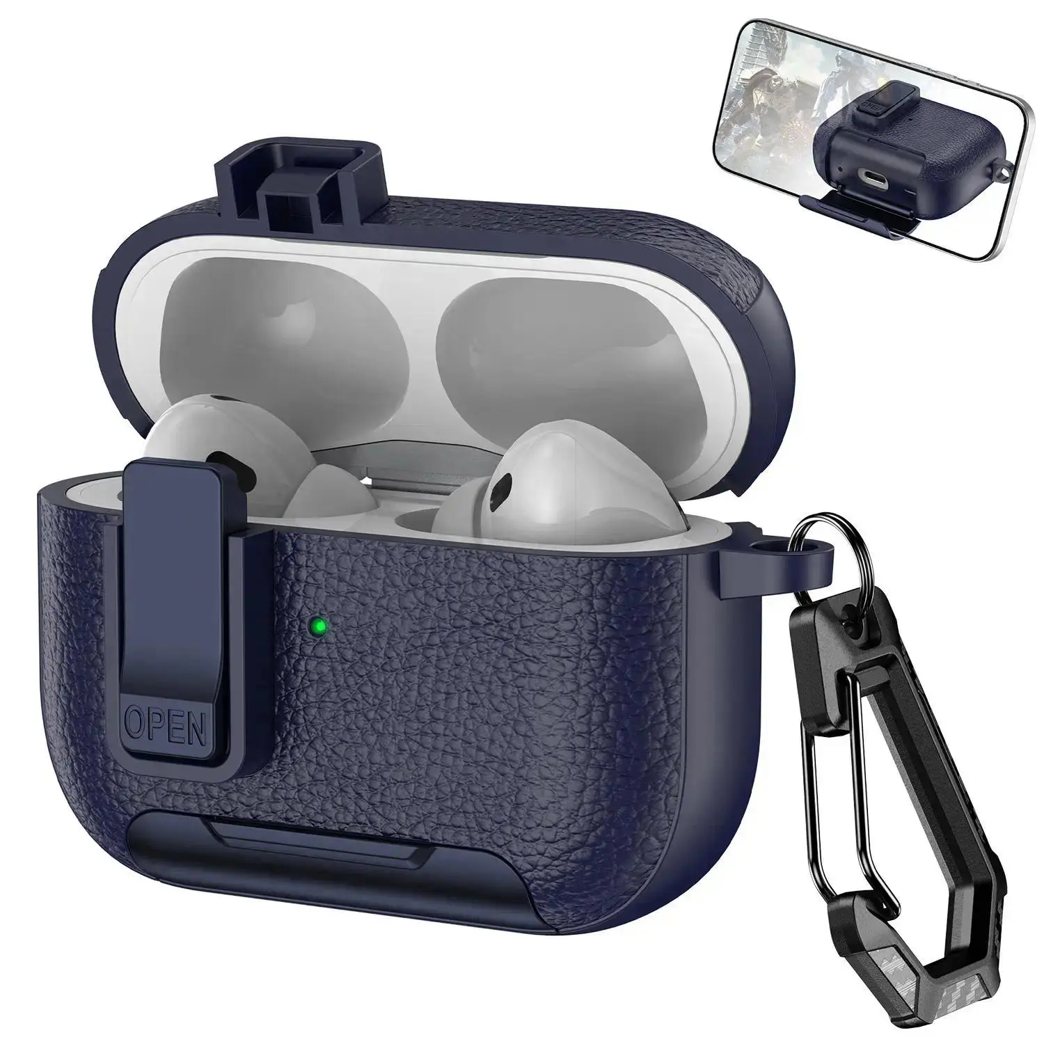 Leather Case for AirPods Pro 3/2 & AirPods 4/3/2/1, MagSafe Compatible Protective Cover, Shockproof Scratch-Resistant with Stand, Lock Clip & Keychain