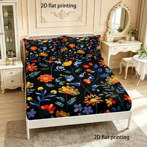 3pcs Bohemian Dark Bottom Flower Bed Sheet Set, Bed Sheets Set, Boho Sheets, Made of High Quality Polyester Fabric Machine Washable, Birthday Gift, Suitable for Bedroom Hotel Decoration, (Includes 1 Bed Sheet and 2 Pillowcases) No Fill