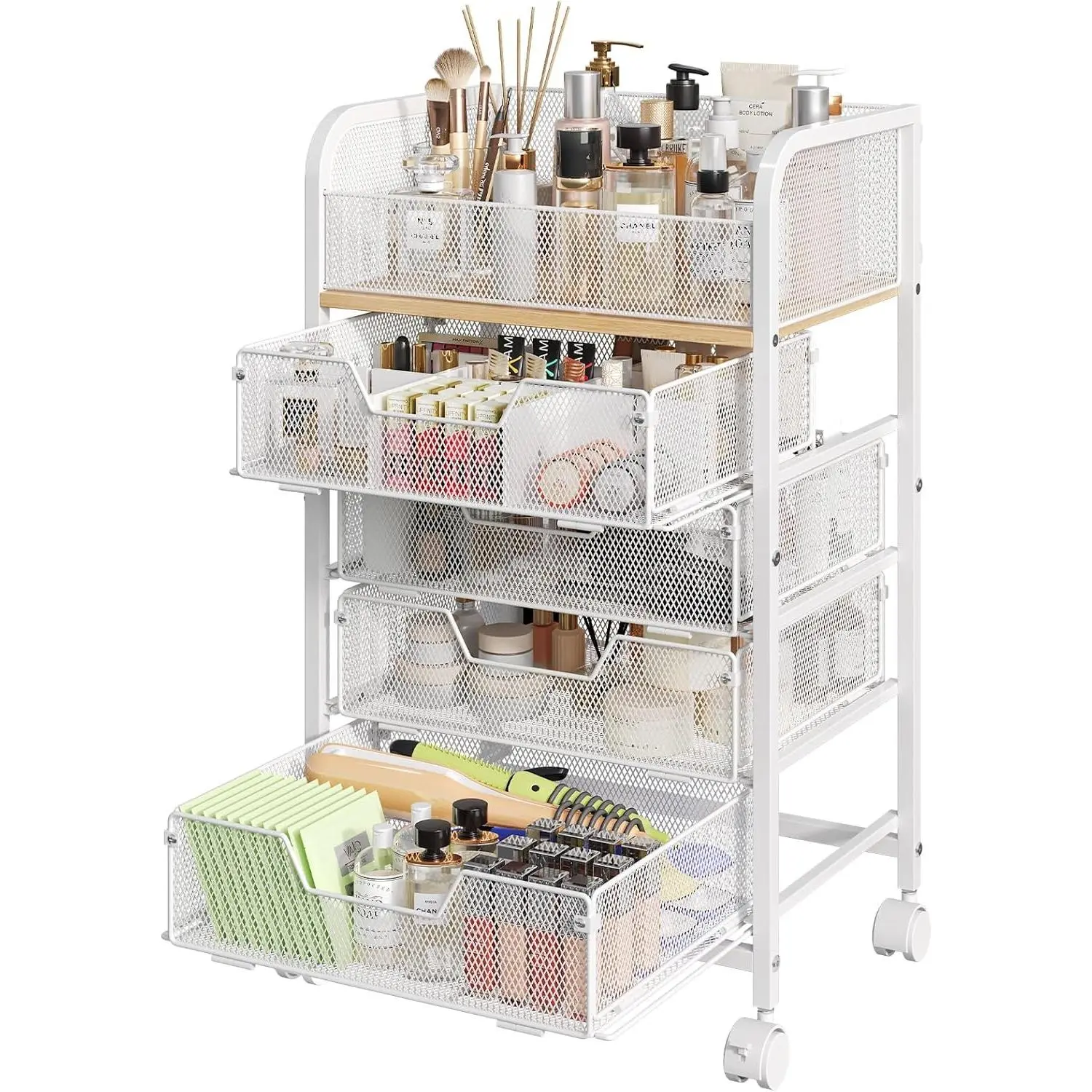 Makeup Cart Organizer with 4 Drawers, Large Floor Skincare Organizers, Vanity Storage Organizer Cosmetics Display Cases for Skin Care Perfume Nail Polish, White