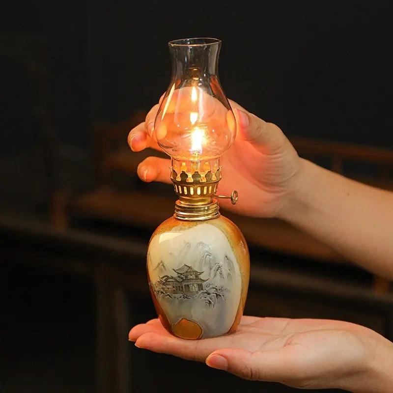 Creative Vintage Fuel Lantern, Adjustable Brightness Camping Lamp, Decorative Tabletop Light, Indoor Ceramic Oil Lamp, Hurricane Night Light