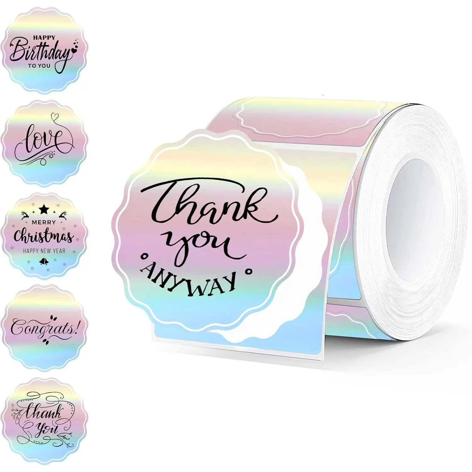 300 count- 2 Inch Round Holographic Thermal Labels, Color Flower Thermal Sticker Labels for Small Business, Thanks, Logo, Design, Baking,300 Labels/1 Roll (Rainbow)