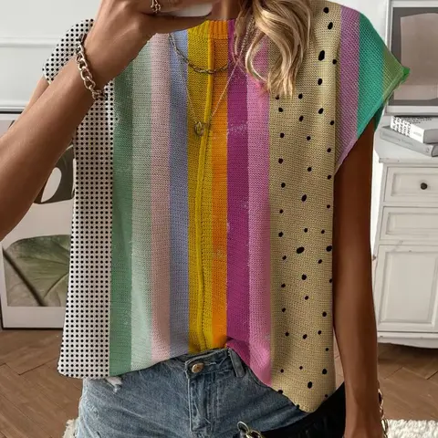 Spring/Summer Women's Crew-Neck Drop-Shoulder Sleeveless Loose-Fit Striped Knitted Top with Contrast Stripe Spliced Print, Vacation Style Chic Casual Elegant Commute Top, Bikini Cover-Up, Casual Summer Tops, Womenswear