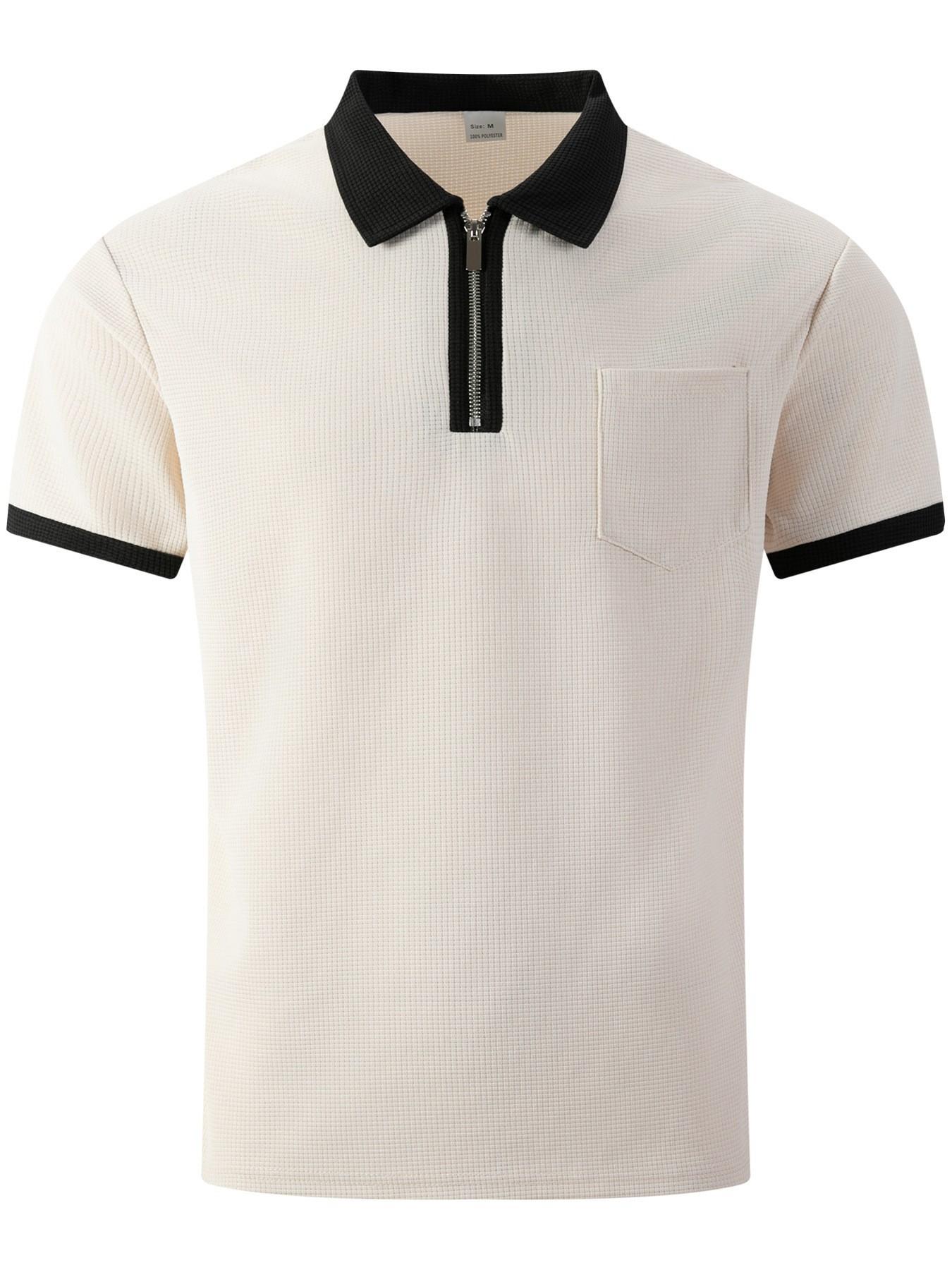 Men's Zip Up Polo Shirt Men's T- Shirt With Chest Pocket Contrast Collar Cuff Waffle Knit Breathable Lightweight Soft Comfortable Durable Casual Versatile Fashion For Young Adult Summer Daily Wear Commute Business