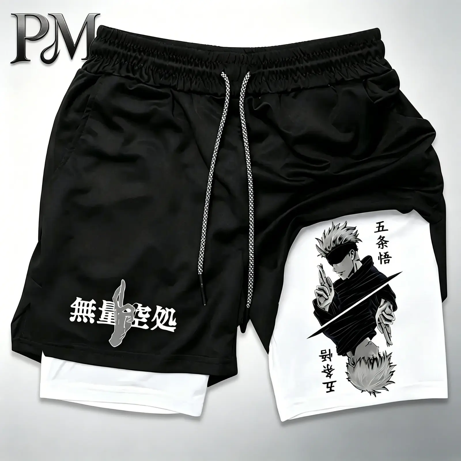 Men’s Anime Jujutsu Kaisen Gojo Satoru 2-in-1 Running Shorts Quick-Dry Bilayer Compression Gym Athletic Training Shorts Y2K Streetwear Summer Activewear Moisture Wicking Breathable Basketball Jogging Beach Outdoor Vacation Holiday Gift for Men Women