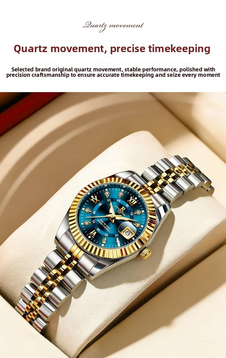 Elegant Women's Luxury Blue Dial Quartz Watch - Two-Tone Gold Silver Stainless Steel Wristwatch with Date, Sparkling Crystal Markers, Roman Numerals, Stylish Dress Watch for Ladies, Perfect Gift for Wife Girlfriend Mom