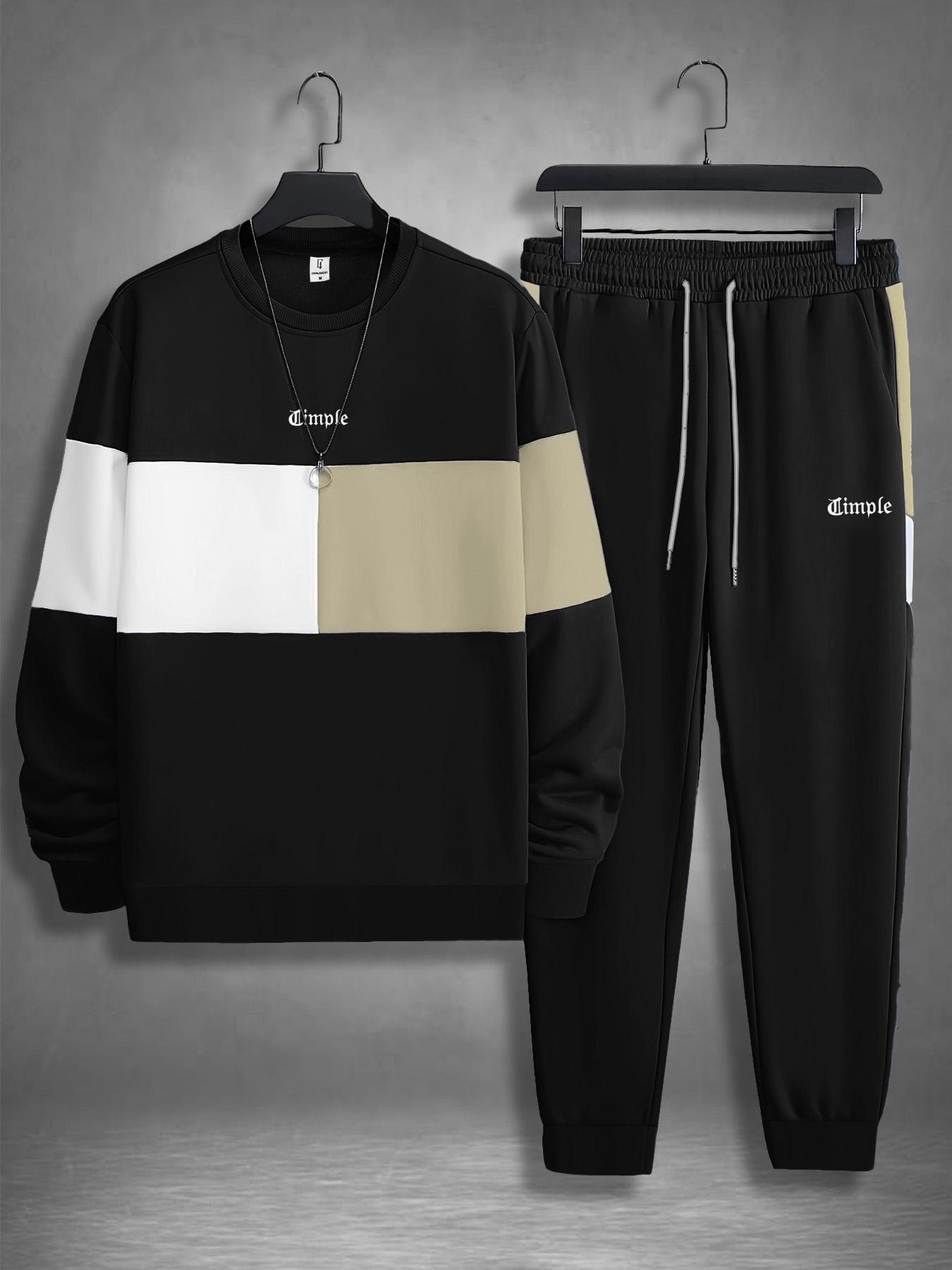 Men's Colorblock Print Sweatshirt & Pants Loungewear Two-piece Set, Casual Comfy Long Sleeve Pullover & Jogger Pants, Men's Sleepwear for Spring & Fall, Homewear