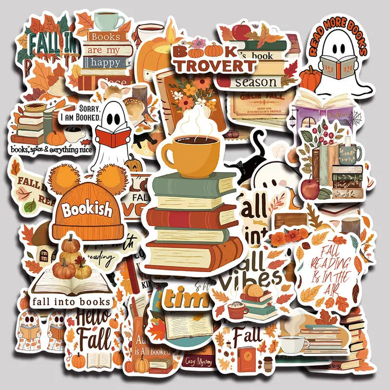 50PCS Bookish Fall Aesthetic Vinyl Stickers Pack for Laptop Water Bottle Phone Case Skateboard Journal Scrapbook DIY Decoration