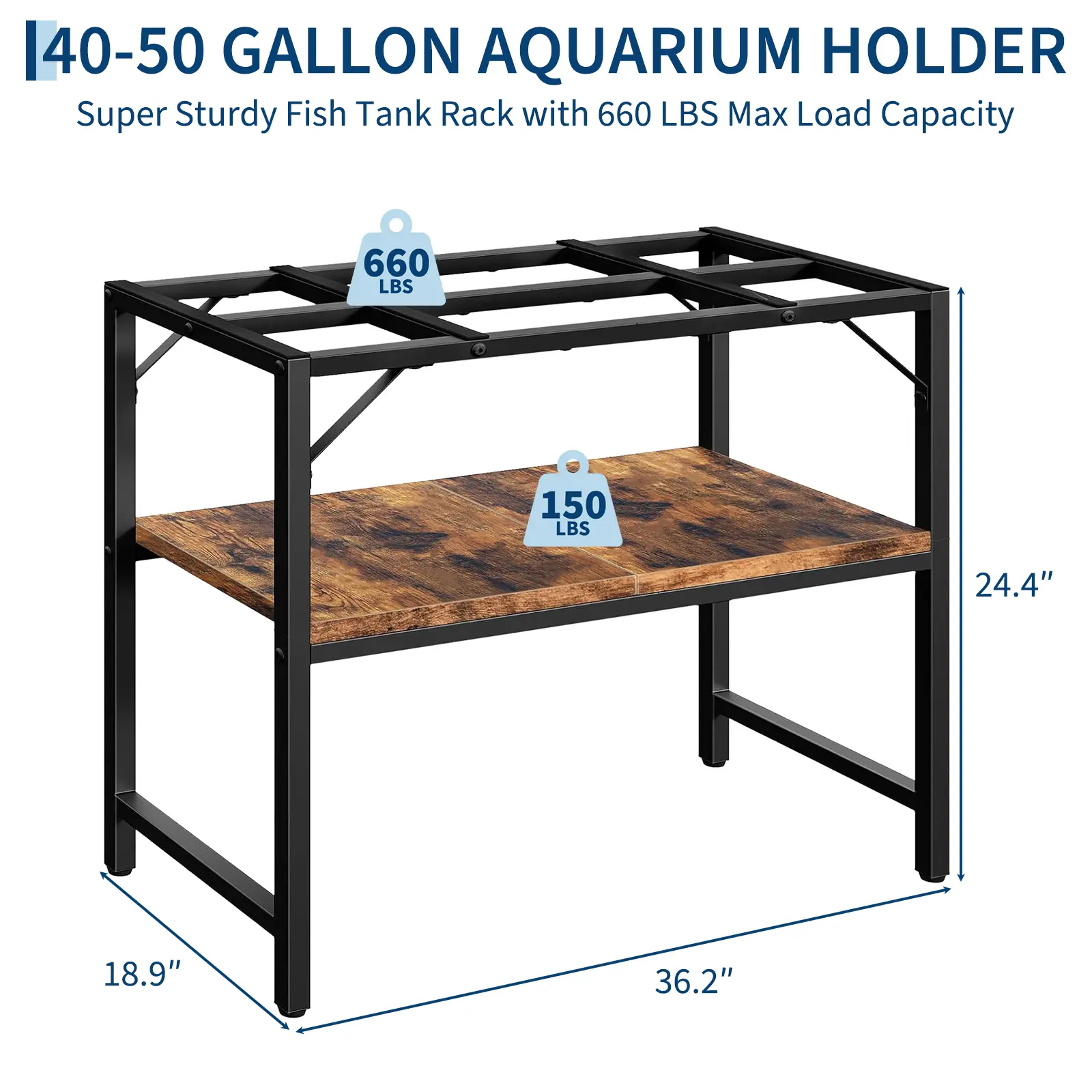 Heavy Duty 40-50 Gallon Aquarium Stand, 2 Tier Fish Tank Stand with Storage Shelf, Turtle Terrarium Stand Rack for Home Office, Living Room