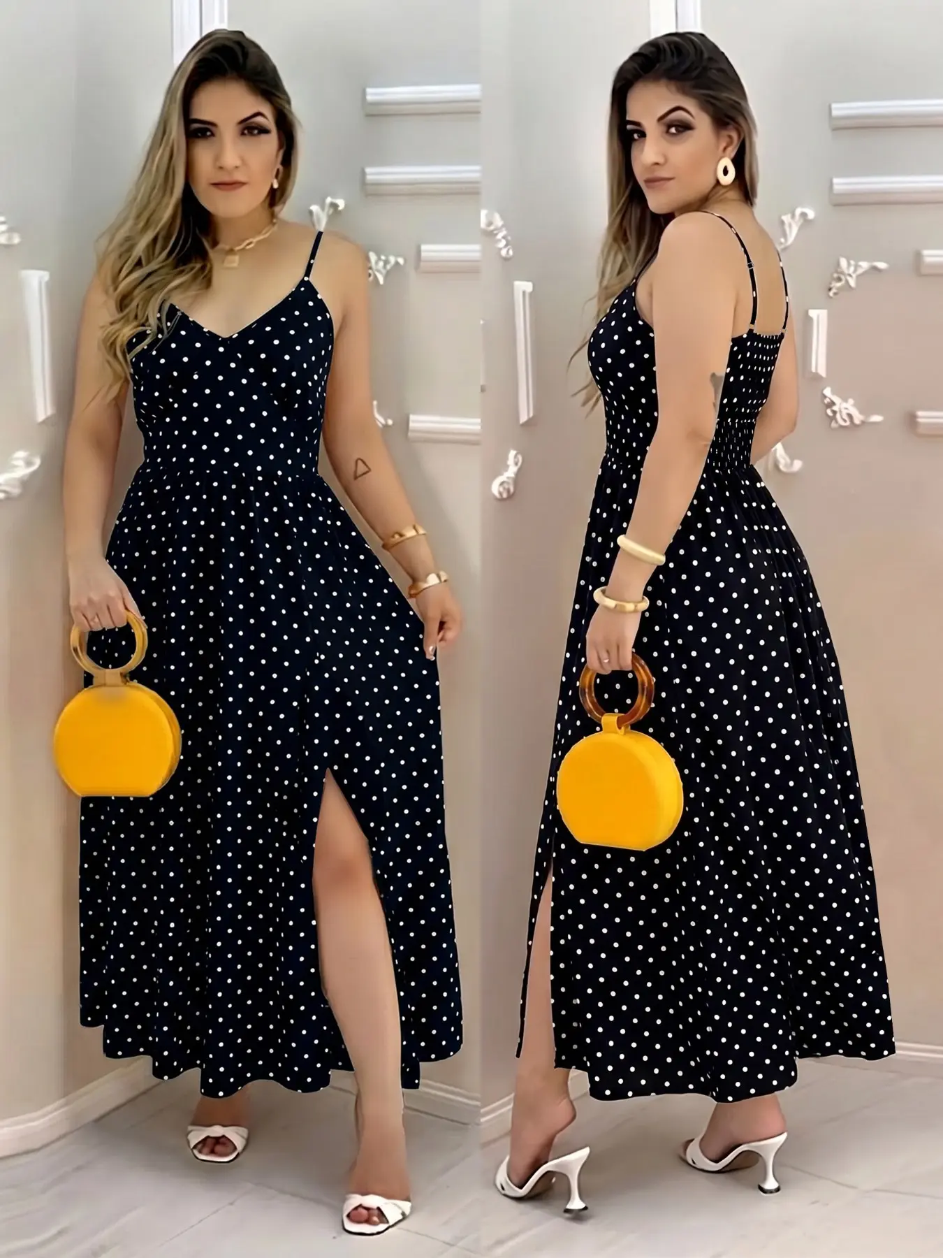 Boho V-Neck Polka Dot Dress, Summer New Arrival, Boho Fashion Sundress, Slim Fit Split Hem, Casual Elegant Long Dress, Perfect for Parties and Vacations
