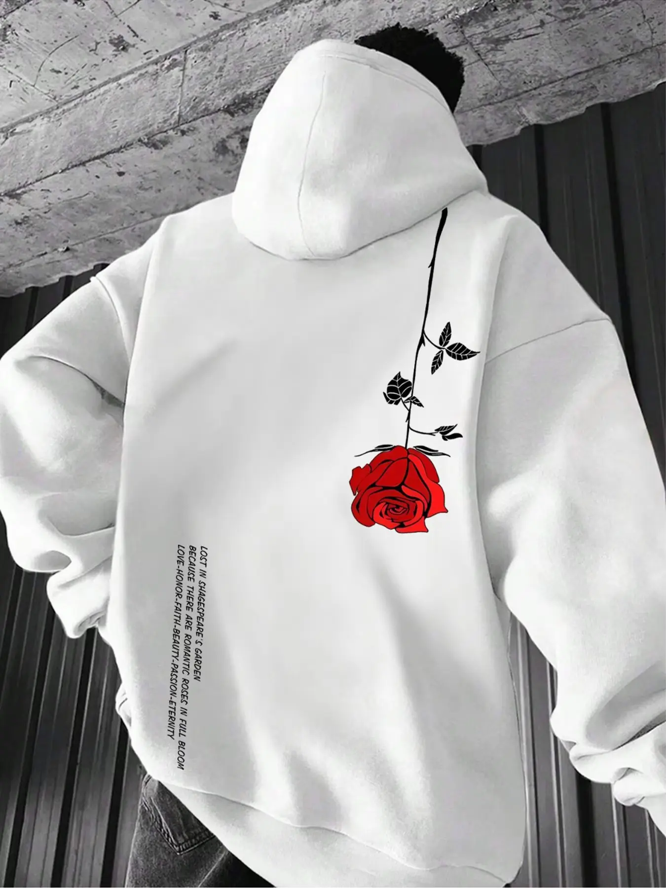 Men's Casual Long Sleeve Hooded Sweatshirt, Vintage Rose Print, Graphic Print Hoodie, Romantic Street Style, Fitted Top, Fall Fashion, Unlined, Graphic Sweatshirts