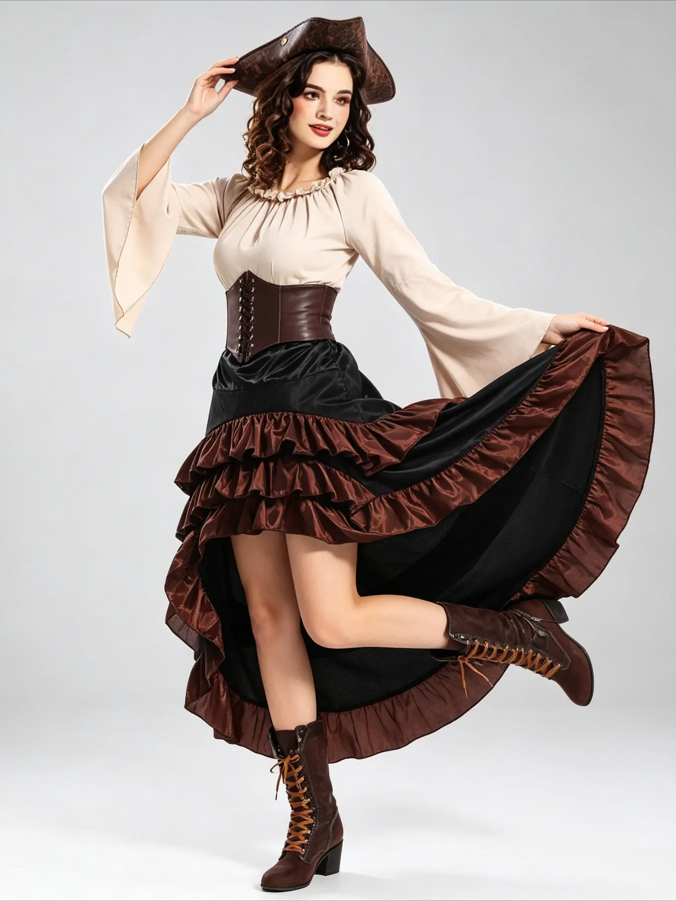 Vintage Pirate Style Long Dress Medieval Ruffle Waist Irregular Dress Halloween Party Performance Outfit