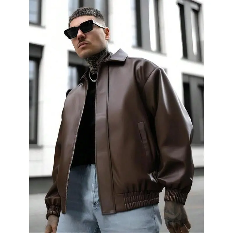 Men's Casual Vintage PU Leather Jacket, Simple Fashion Motorcycle Jacket, Fall & Winter Fitted Style, Moderate Fabric Thickness