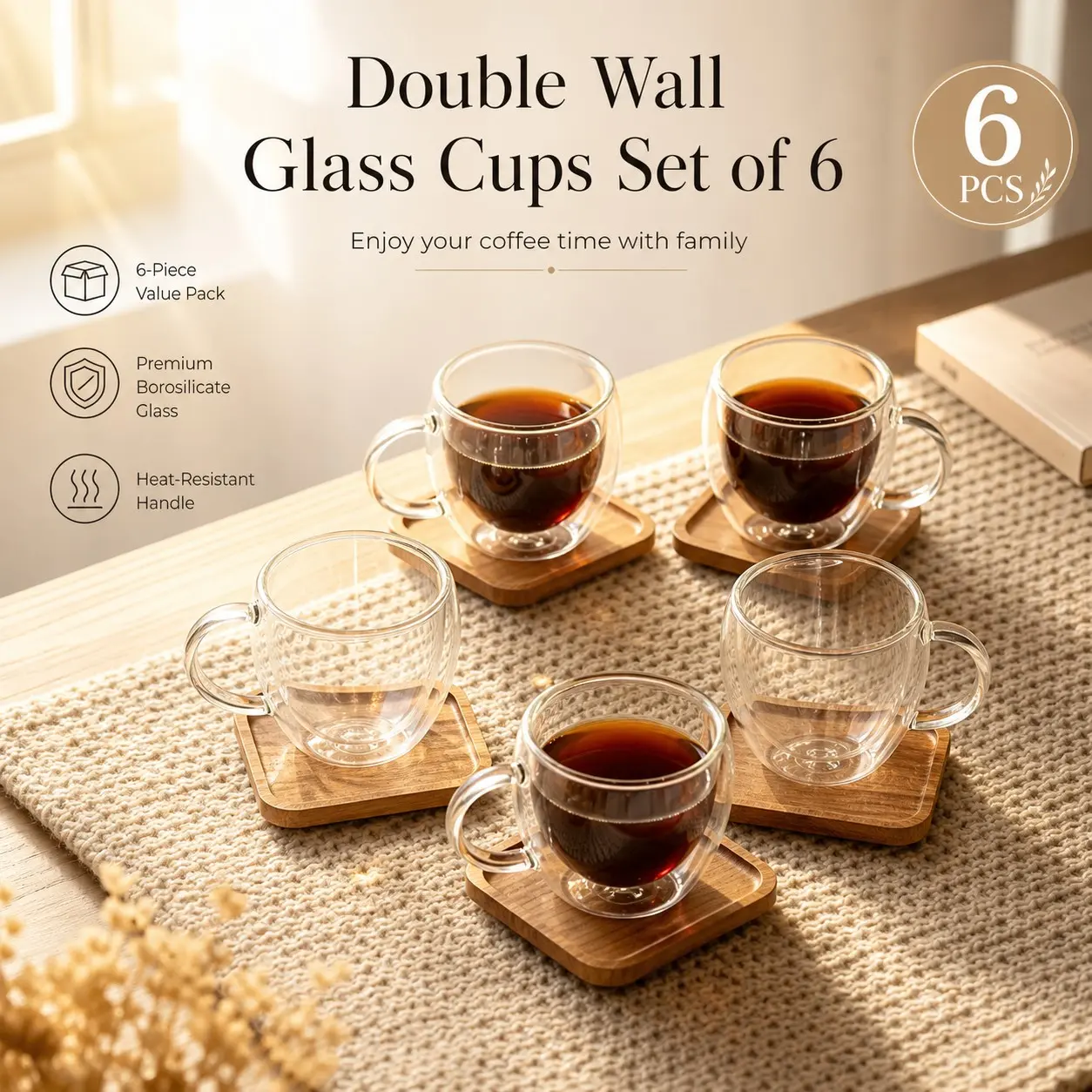 6-Pack Dual-Layer Borosilicate Glass Coffee Cups, Insulated Handle, Heat Resistant, Transparent, Ideal for Latte, Tea, Cappuccino, Home Use, Clear Glass Coffee Mugs