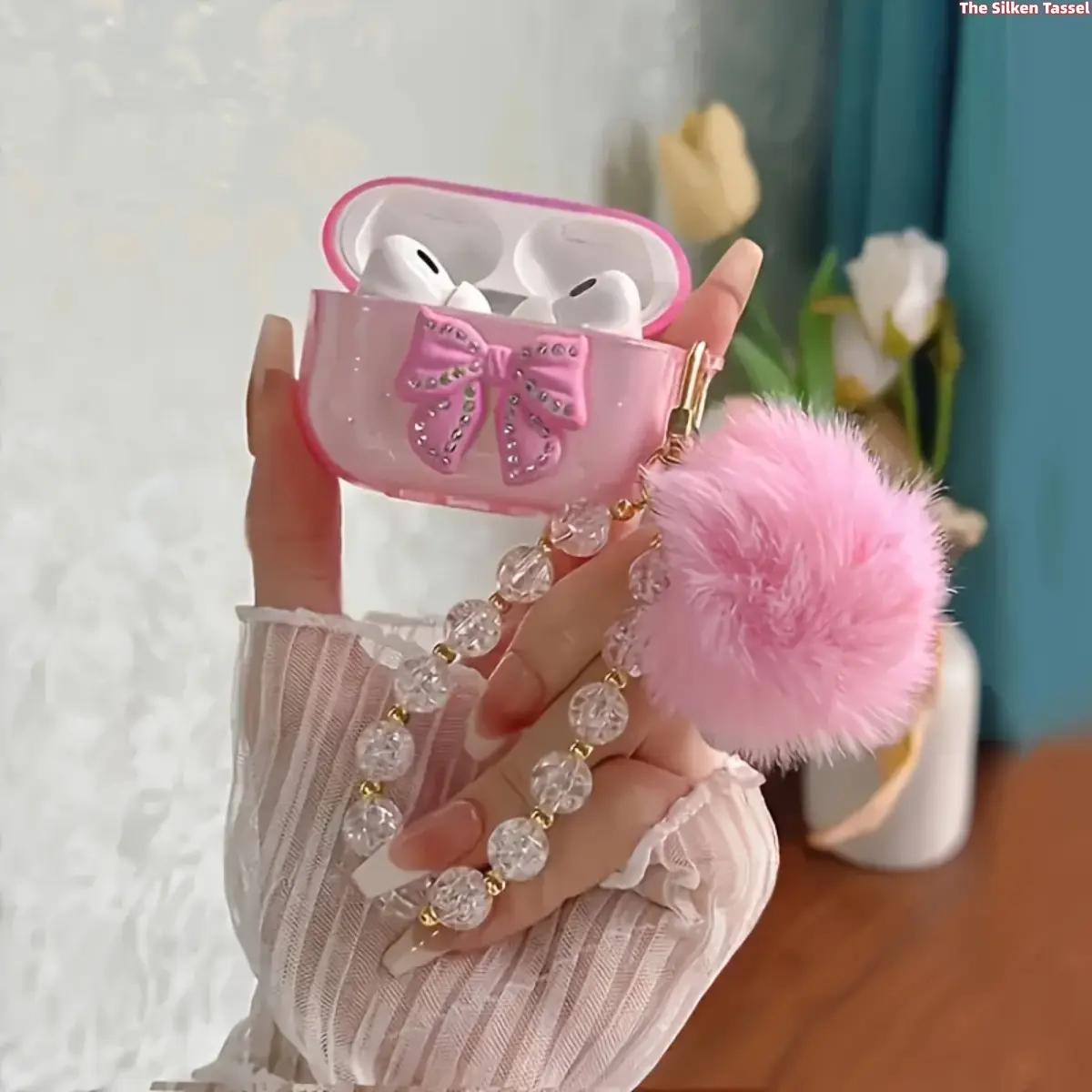 Pink Glitter Earbud Case with Rhinestone Bow Decor, Soft TPU Wireless Earphone Protective Cover, Clear Crystal Bead Chain with Fluffy Pom Pom Keychain, Shockproof Cute Kawaii Headphone Accessory Gift for Girls