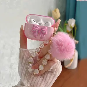 Pink Glitter Earbud Case with Rhinestone Bow Decor, Soft TPU Wireless Earphone Protective Cover, Clear Crystal Bead Chain with Fluffy Pom Pom Keychain, Shockproof Cute Kawaii Headphone Accessory Gift for Girls