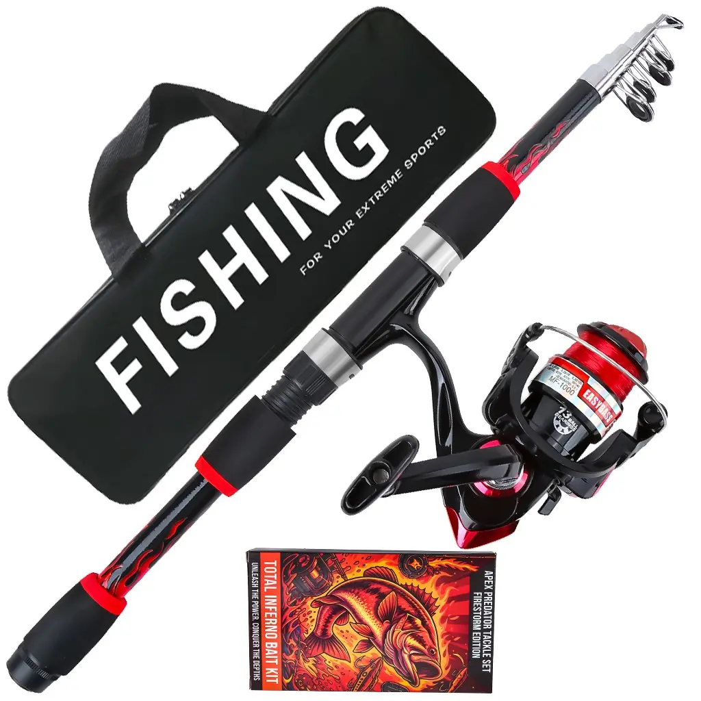 Complete Telescopic Lure Fishing Gear Set, Fishing Rod and Reel Combo, Trendy Flame Pattern Rod, 1.8m Foldable, Smooth Spinning Reel, Portable Fishing Bag, Freshwater Fishing