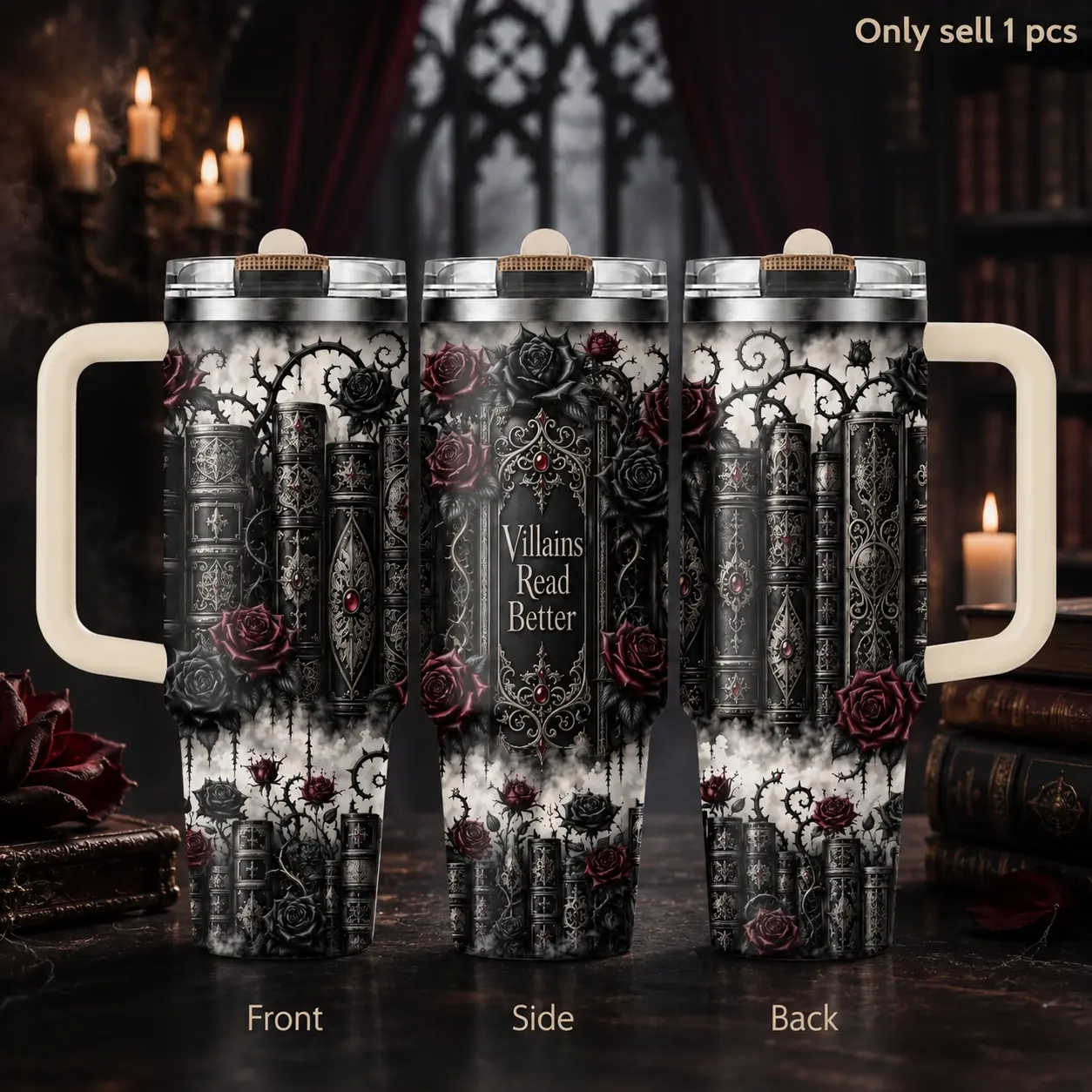 Bookish Romance Reader 40oz Tumbler – Literary Stainless Steel Insulated Travel Mug with Handle & Straw Lid for Coffee, Water, Reading Time, Library, Office, Car, Gift for Book Lovers