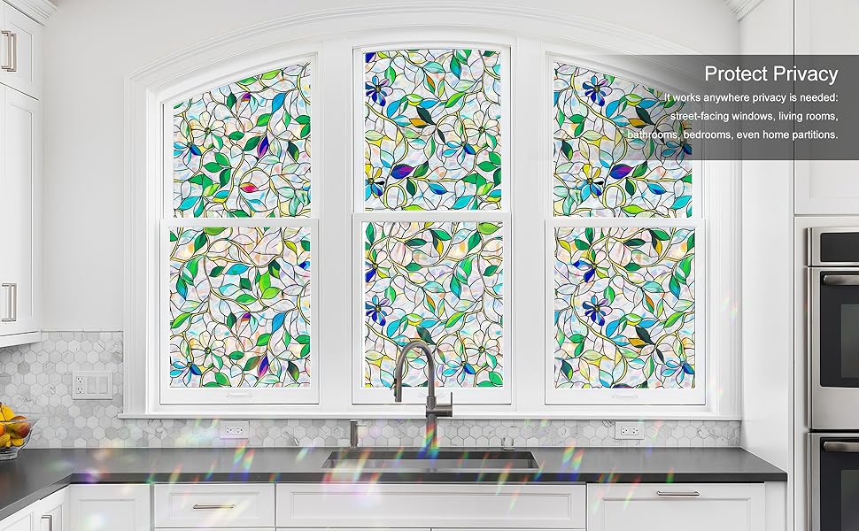 Stained Glass Window Film, Rainbow Privacy, One Way Decorative Tint, Static Cling, Renter Friendly for Home Bathroom Door