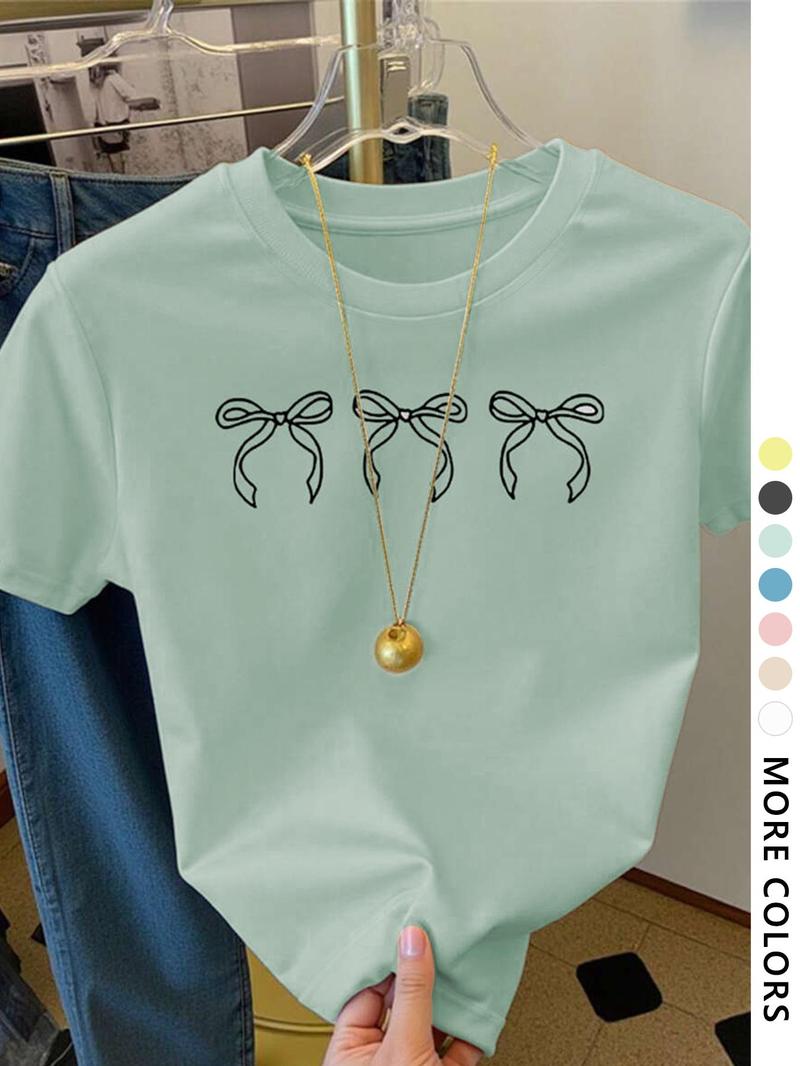 Women's Bow Print Round Neck Tee, Casual Cute Short Sleeve T-shirt for Summer, Ladies Clothes for Daily Wear, Top, Tshirt