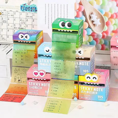 Glitter Sticky Notes Pull-Out Box with Cute Cartoon Dispenser - 105 Sheets Pearlescent Transparent Self-Adhesive Memo Pads, Smooth-Writing Labels, Cute Accessories for School, Fun Desk Supplies