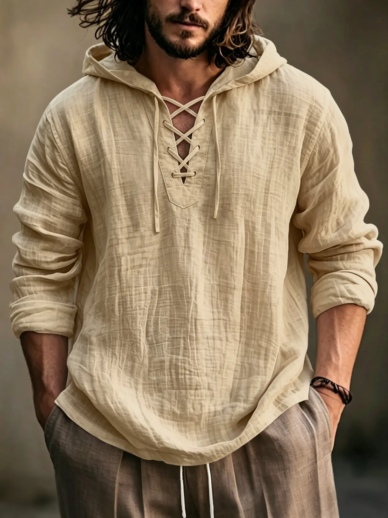 Men's Lightweight Linen Hoodie, Casual Fashion Sportswear, Long Sleeve Pullover, Half-Zip Design, Spring Summer Fall Outdoor Wear