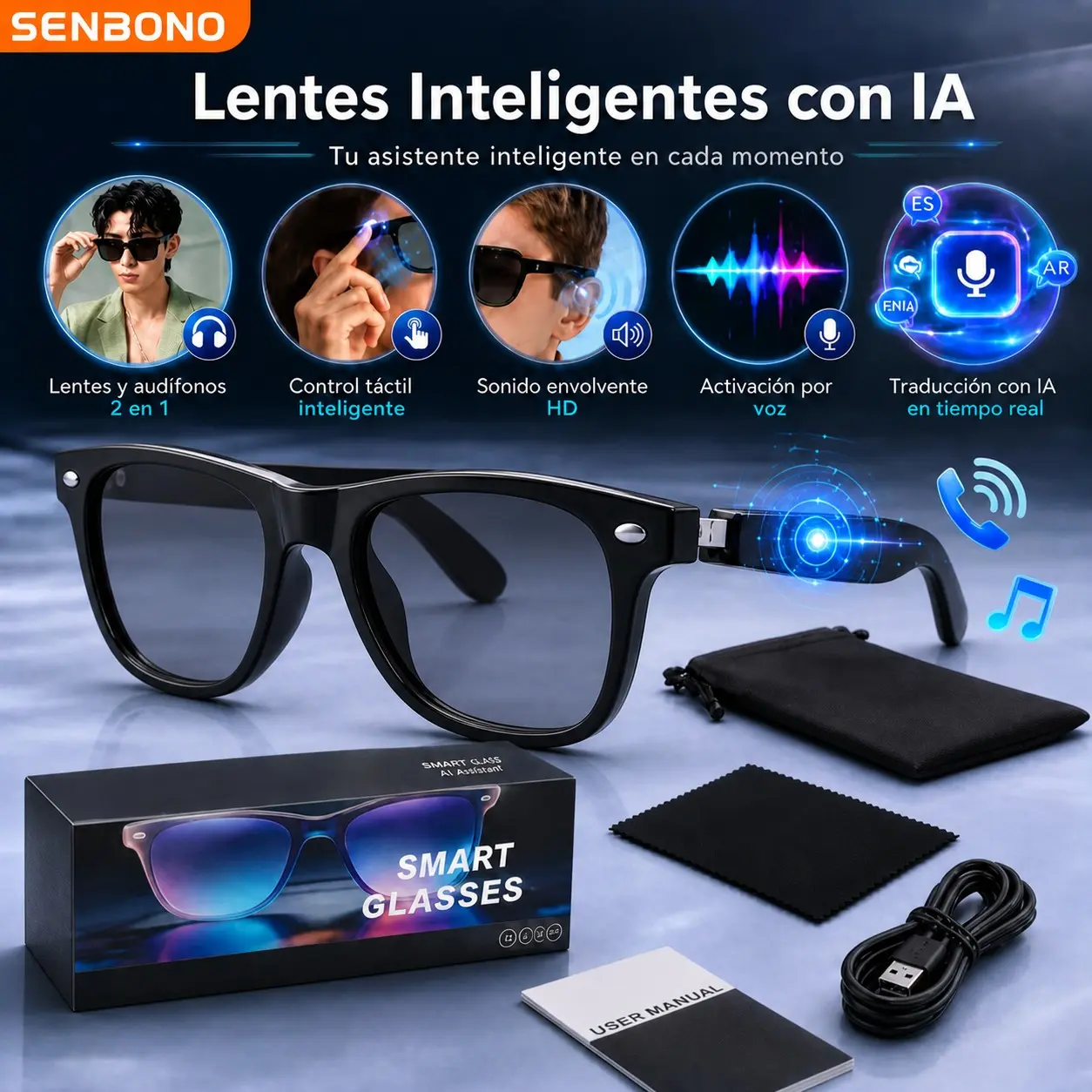 Intelligent wireless 5.4 Wearable Smart Glasses, application translation sunglasses, open audio, hands-free calling, touch operation and voice assistant, suitable for outdoor sports, travel, dressing, unisex, ideal lover gift.