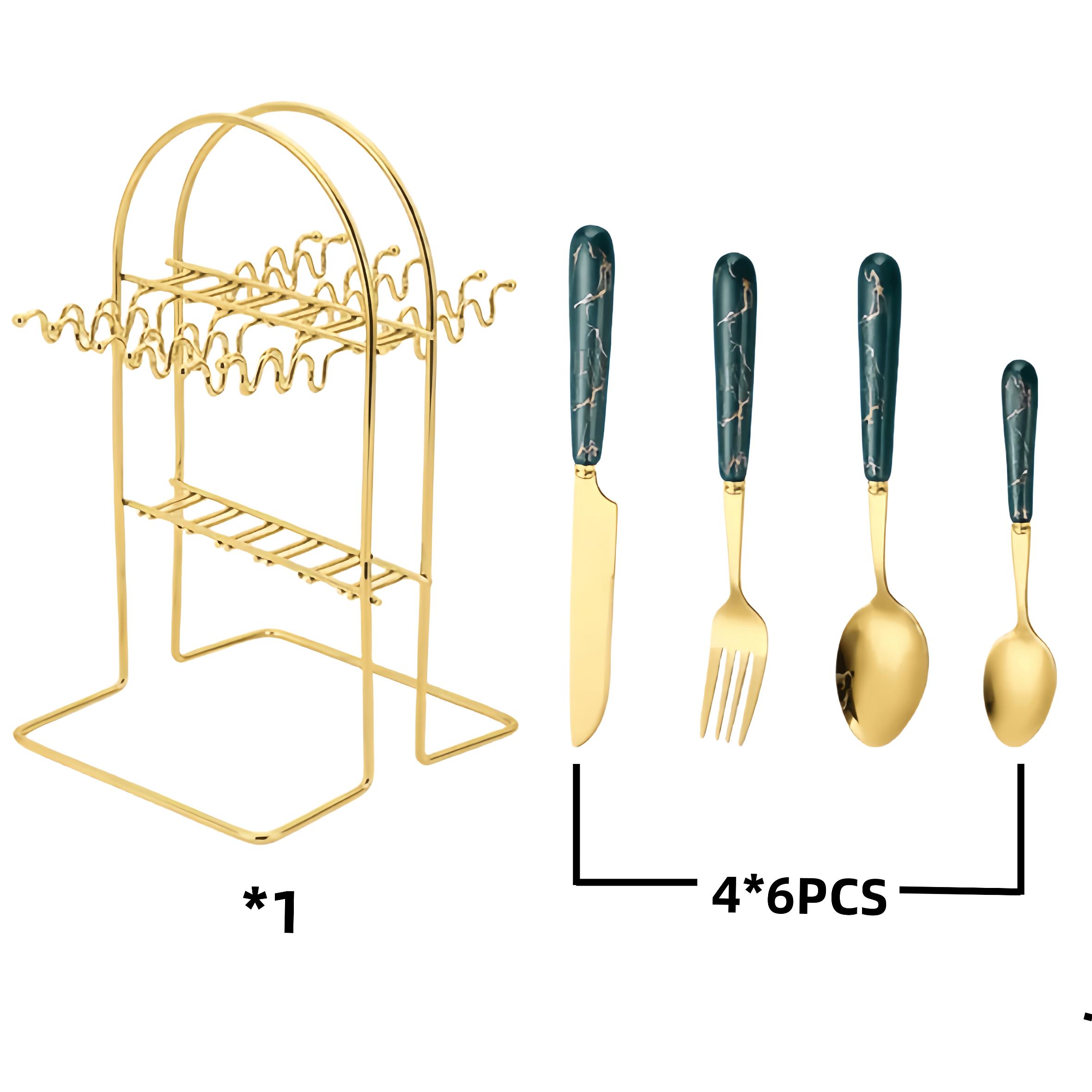 Modern Stainless Steel Cutlery Set with Holder, 24pcs/set Including Knives, Forks, and Spoons, Tableware Set for Home Kitchen Dining Room, Utensils